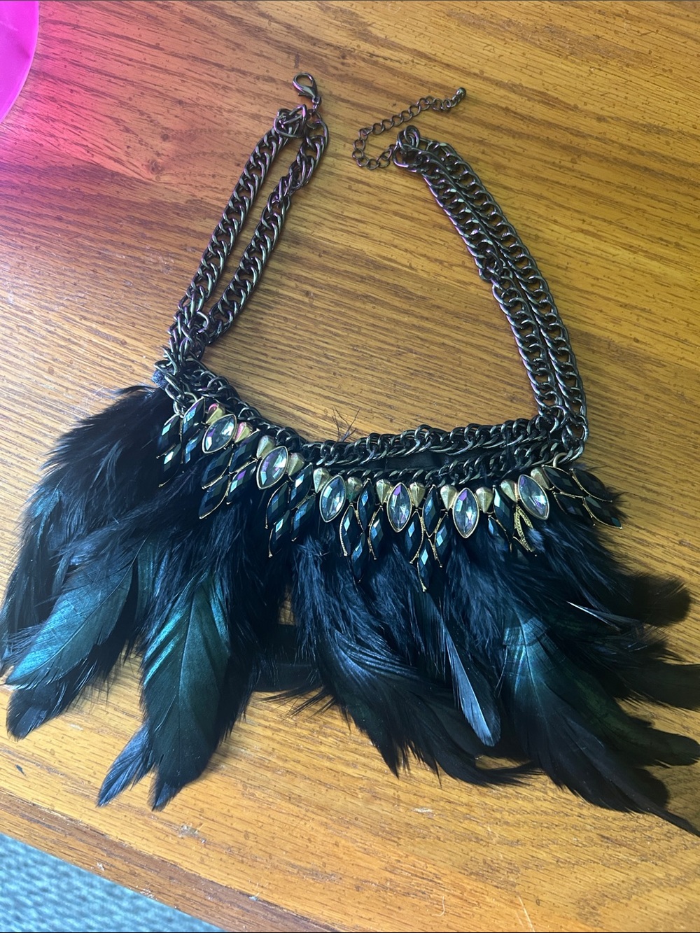 bebe Black Iridescent Feather Statement Necklace